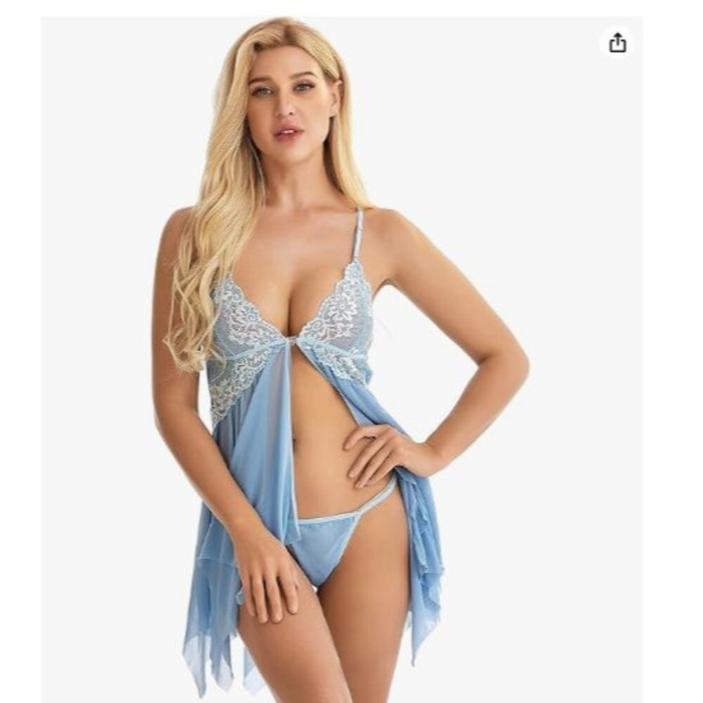 Women’s Lingerie Babydoll Front Closure Medium Blue Lace Chemise V Neck Mesh